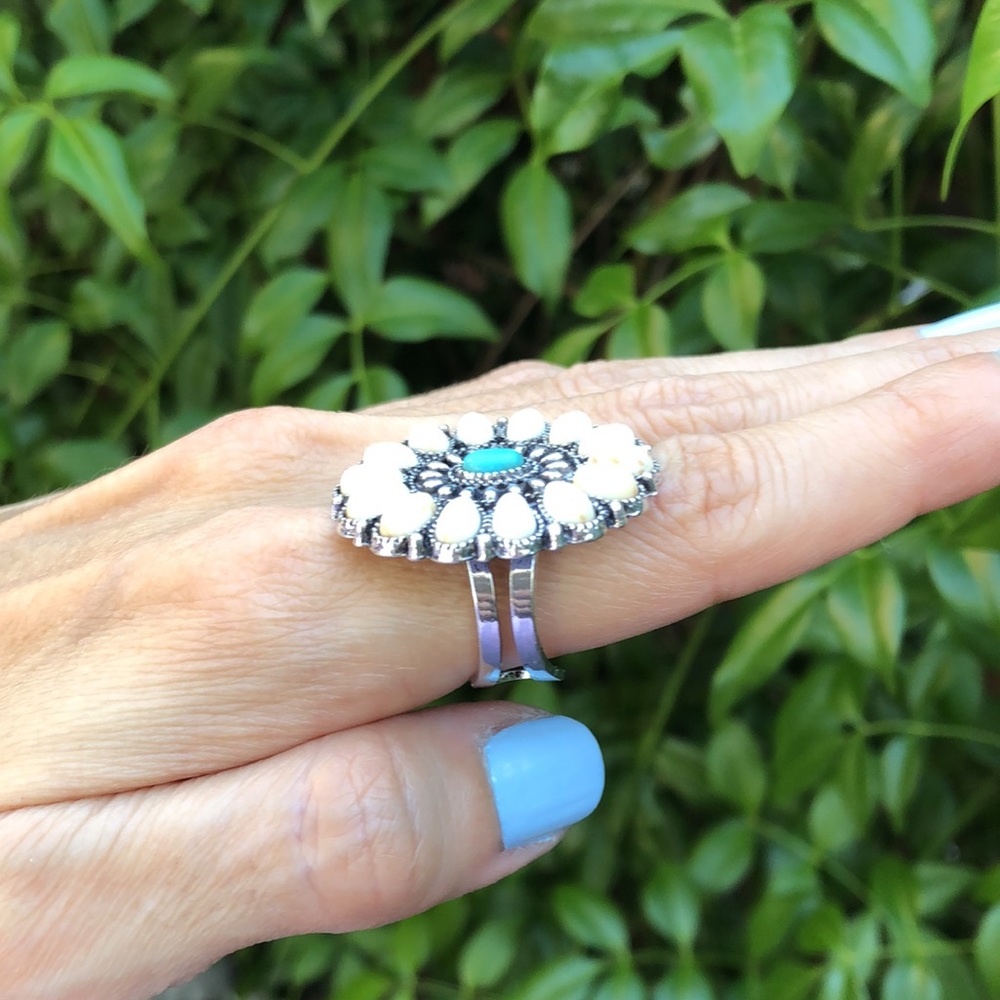 Cream + Turquoise Boho Flower Statement Ring - image 4